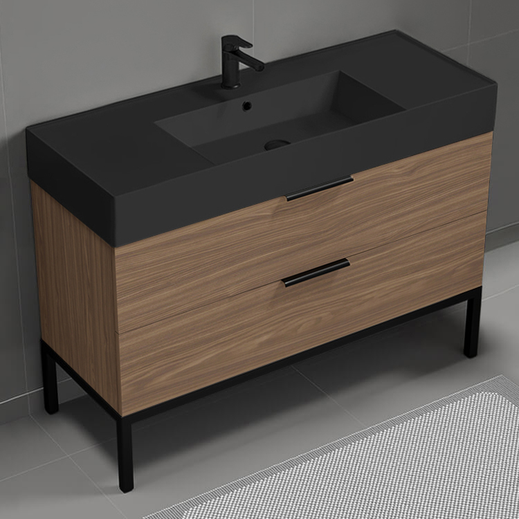 Nameeks DERIN623 Walnut Bathroom Vanity With Black Sink, Free Standing, 48 Inch, Modern